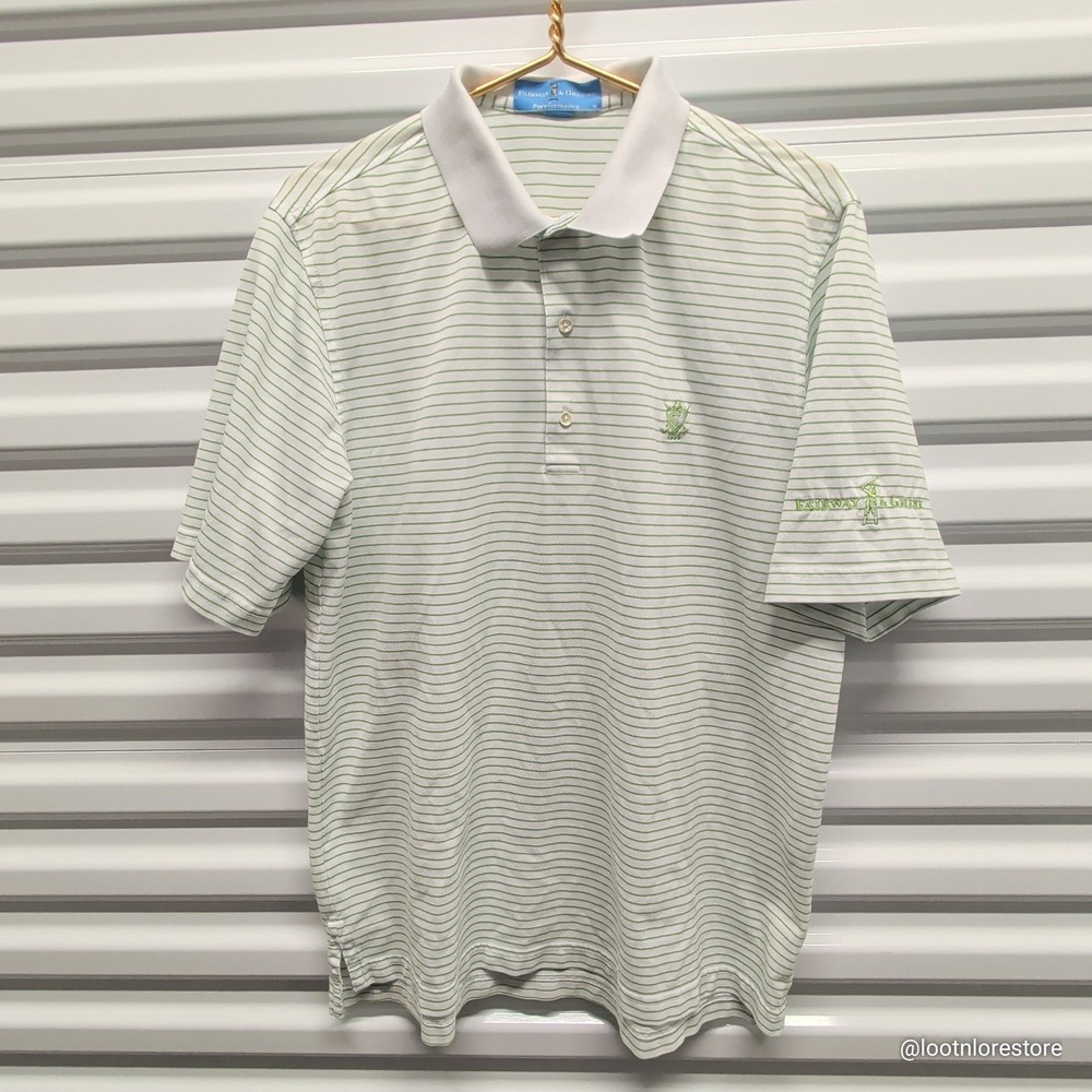 Fairway & Greene Mens Polo Shirt Medium White Green Striped CoolMax Golf Top